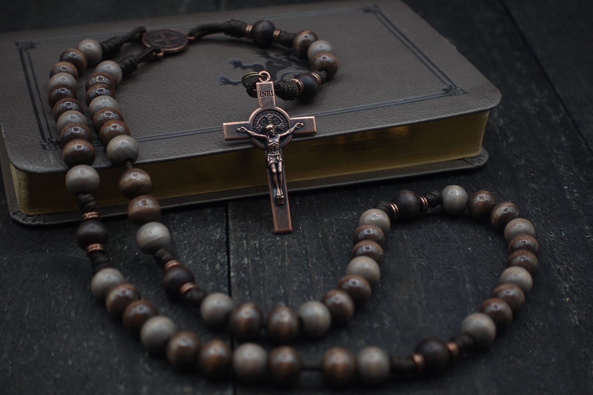 Rustic Benedictine Rosary - Handcrafted Wooden Beads &amp; Copper Crucifix - Rosary Necklace