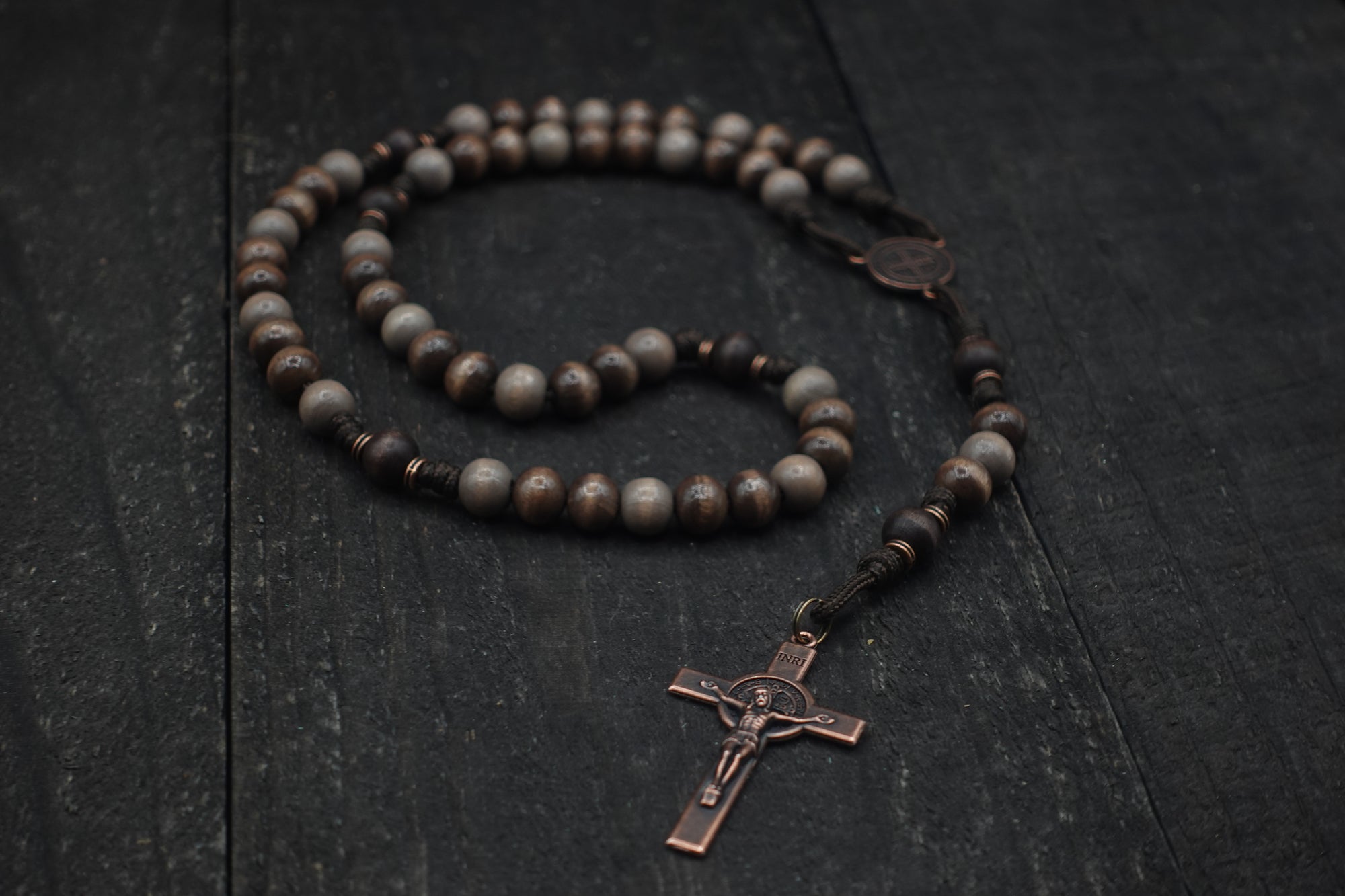 Rustic Benedictine Rosary - Handcrafted Wooden Beads &amp; Copper Crucifix - Rosary Necklace