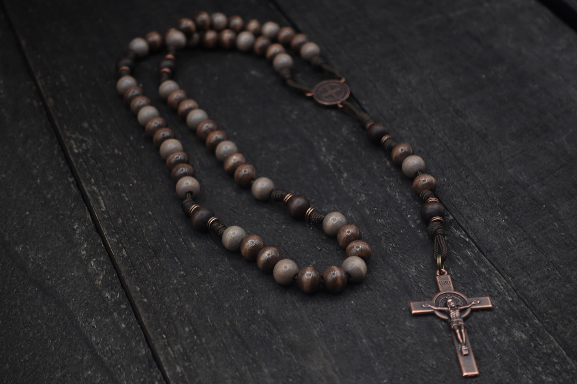 Rustic Benedictine Rosary - Handcrafted Wooden Beads &amp; Copper Crucifix - Rosary Necklace