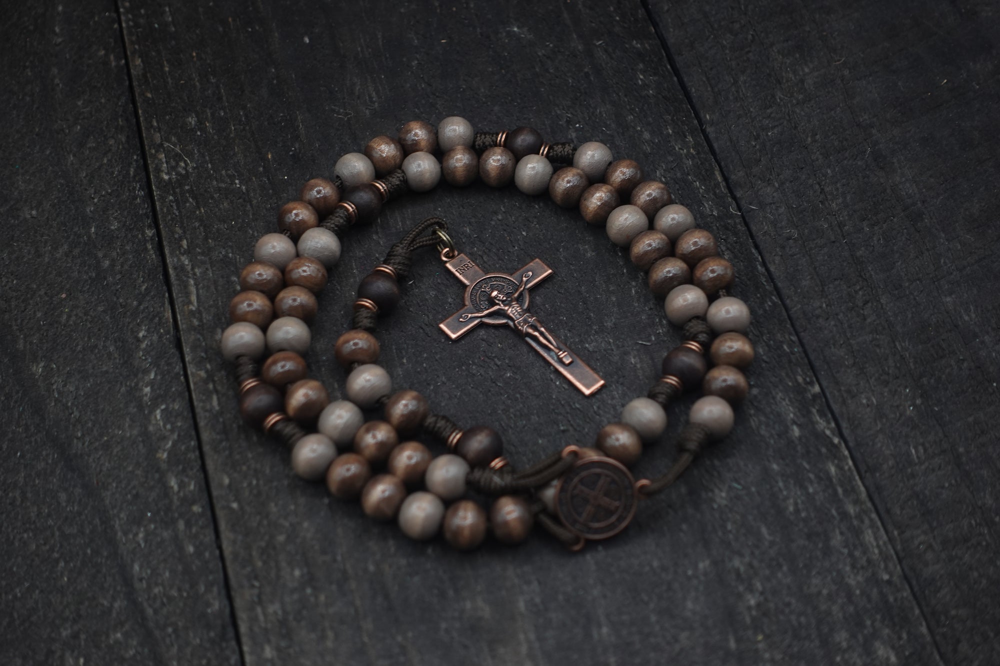 Rustic Benedictine Rosary - Handcrafted Wooden Beads &amp; Copper Crucifix - Rosary Necklace